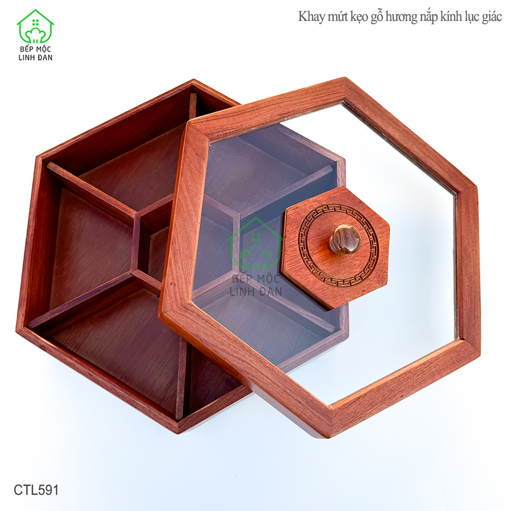 Khay gỗ Hương đựng bánh kẹo, mứt tết - Nắp kính hình lục giác, mẫu mới nhất - CTL591