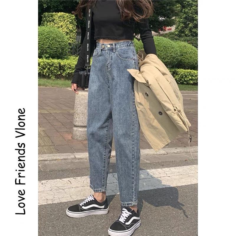 Quần Jean Lưng Chun 2 Nút Baggy Nữ Ống Suông Lưng Cao Quảng Châu
