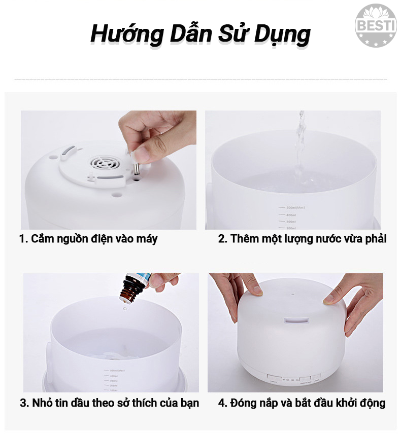 Máy Xông Tinh Dầu Dung Tích Lớn 500ml Có Điều Khiển Từ Xa Besti Y01,  Máy Khuếch Tán Tinh Dầu Đèn Led Đổi Màu - Hàng Chính Hãng