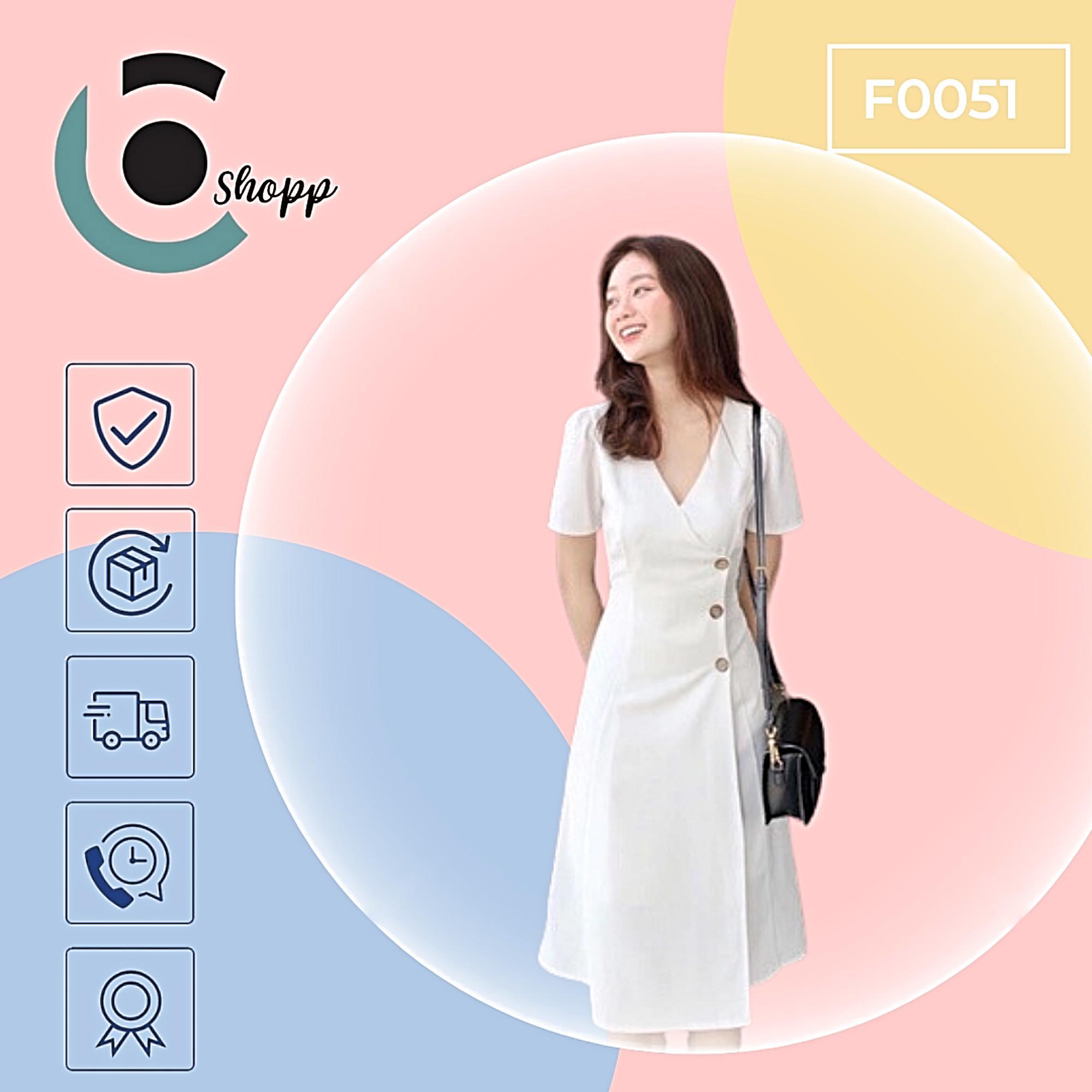 Váy cổ chữ V nút dừa cao cấp