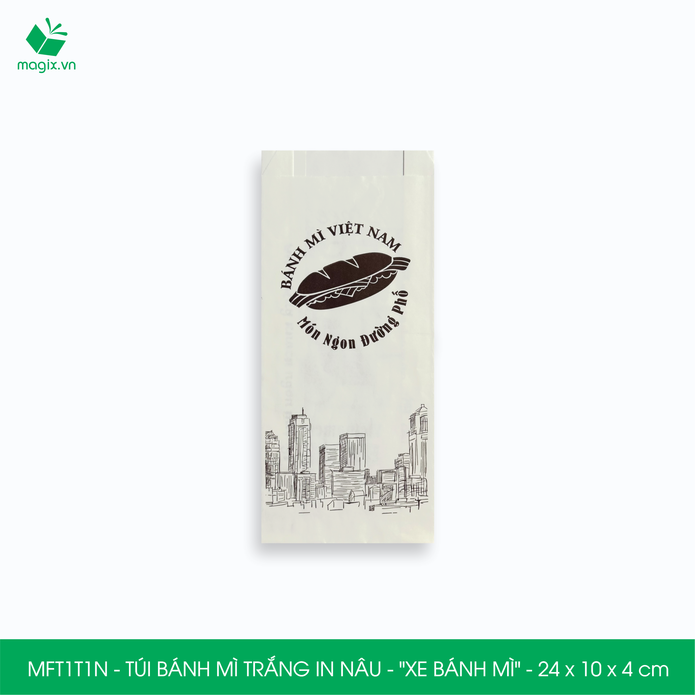 MFT1T1N - 24x10x4 cm - 100Túi bánh mì Trắng, in sẵn họa tiết XE BÁNH MÌ - Bao bánh mì Túi giấy thực phẩm an toàn