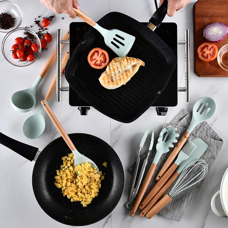 Ốp Đồ Dùng Nhà Bếp Đồ Dùng Nấu Ăn Bộ Nồi Chảo Không Dính Thìa Đũa Xẻng Máy Đánh Trứng Tay Cầm Bằng Gỗ Nhà Bếp Nấu Ăn Bộ Dụng Cụ