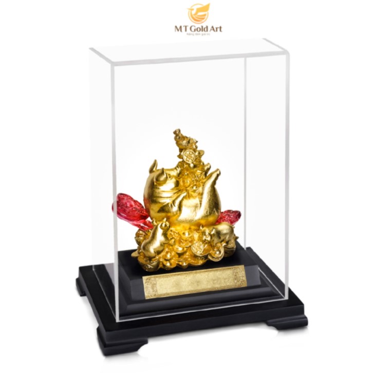 Tượng heo gậy như ý dát vàng MT Gold Art- Hàng chính hãng, trang trí nhà cửa, phòng làm việc, quà tặng sếp, đối tác, khách hàng, tân gia, khai trương
