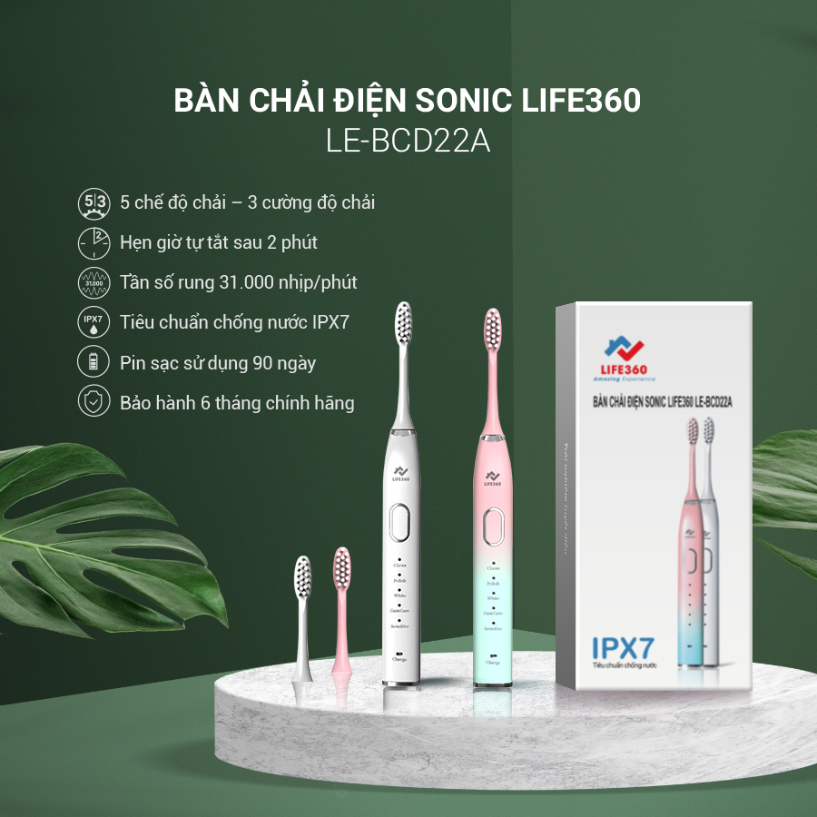 Bàn Chải Điện Sonic Life360 LE-BCD22A (Bản Cao Cấp) - Công nghệ sóng âm sonic, Chải Sạch Mảng Bám Tới 10 Lần, 5 chế độ thông minh, Chống Nước IPX7