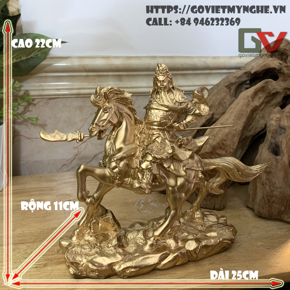 Tượng đá trang trí Quan Công phong thủy cầm đao cưỡi ngựa - Chiều dài 25cm - Đá composite - Màu nhũ đồng