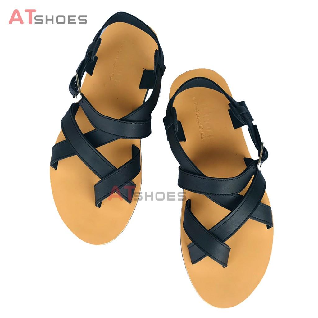 Dép Sandal Unisex cc Da Bò - Sandal xỏ ngón nam nữ kiểu HQ Trẻ Trung Atshoes AT40 (Đen Đế vàng)