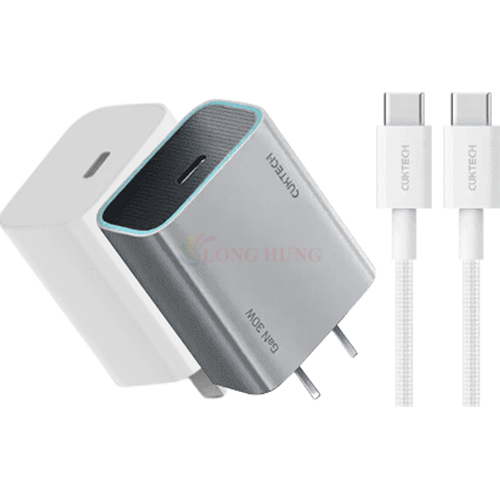 Combo cốc sạc Cuktech GaN 1C 30W + Cáp USB Type-C to Type-C A18C - Hàng chính hãng