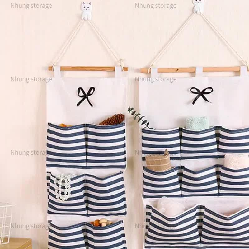 Túi Vải Lưu Trữ Đồ Treo Tường Phong Cách Hàn Quốc Vải Contton Thiết Kế Nhiều Túi Tiện Dụng Gia Đình