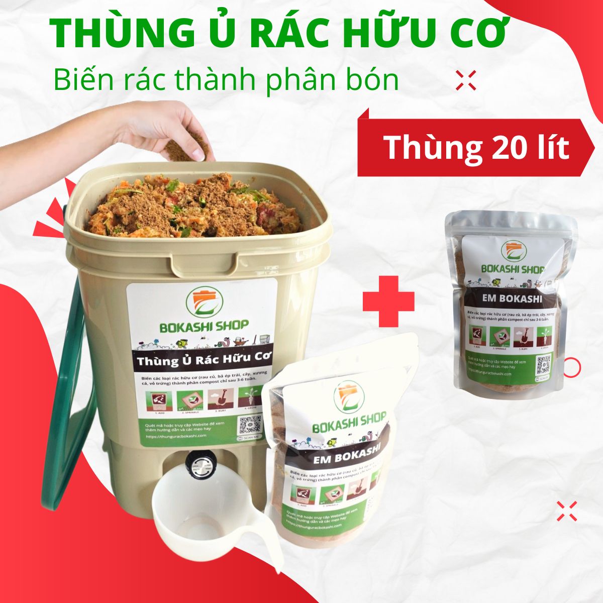 Thùng Ủ Rác Hữu Cơ EM Bokashi 20L - Thùng Dầy, Kín Mùi, Sạch Sẽ [Tặng Phụ Kiện + 2kg EM)