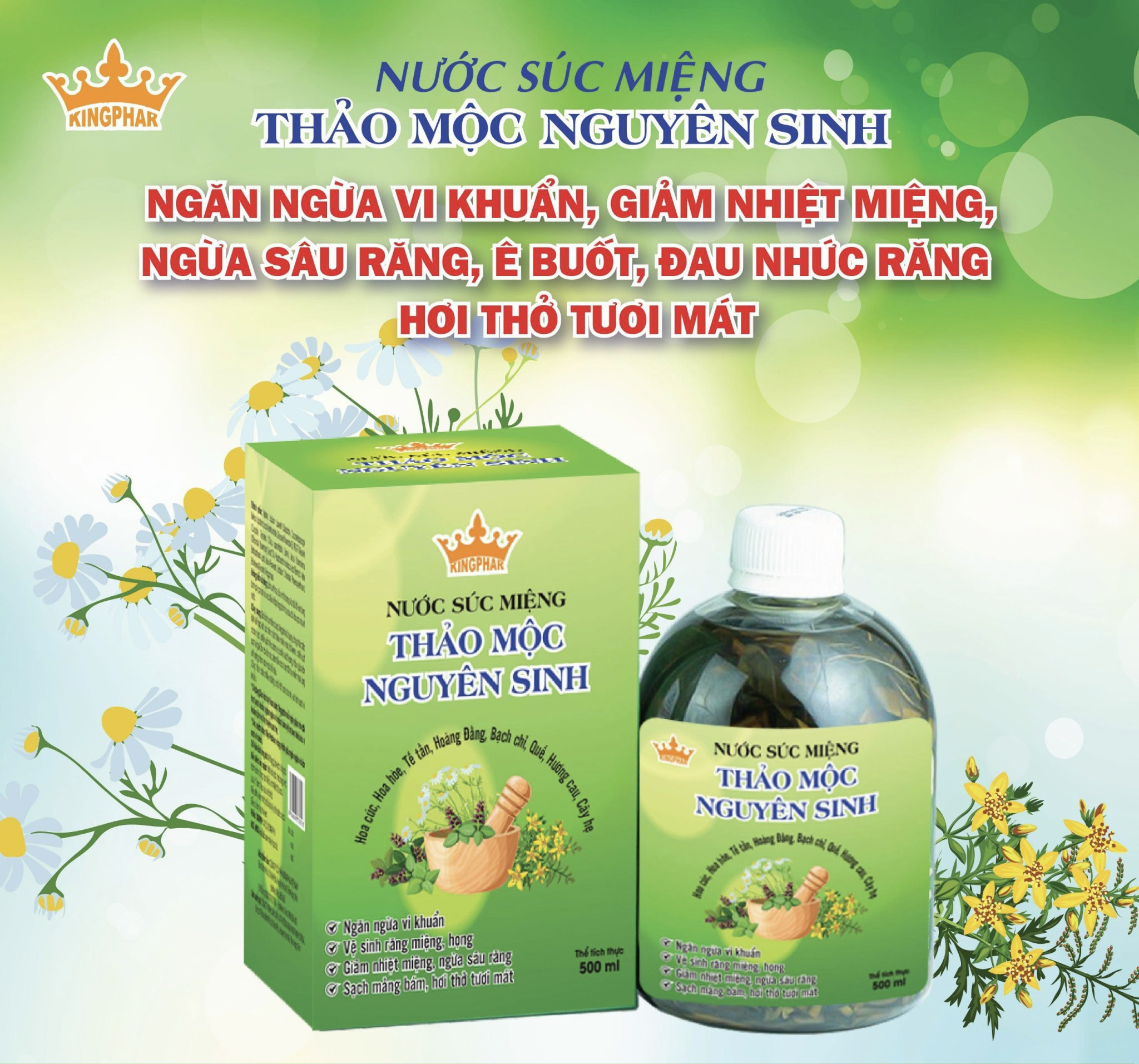 Nước súc miệng thảo dược nguyên sinh kingphar - chai 500ml