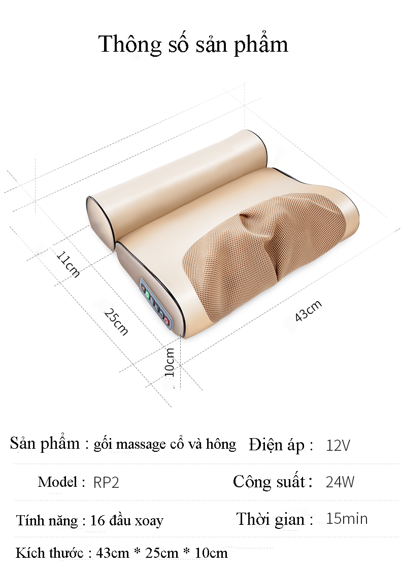 Gối mát xa massage hồng ngoại 16 bi cao cấp thế hệ mới, trị liệu cổ, vai ,gáy, cột sống lưng chất liệu da, vải chống thấm nước + tặng kèm gối lưng + gói trị liệu ngải cứu