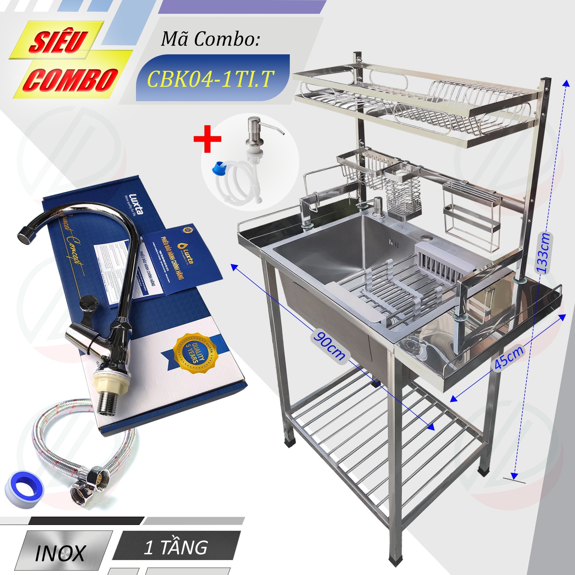 COMBO Chậu Inox 1 Hộc Có Chân Kèm Kệ Úp Chén Đa Năng - Gồm chậu, chân, kệ chén 1 tầng hoặc 2 tầng, vòi Luxta lạnh, tặng rổ rút, dây cấp, keo lụa