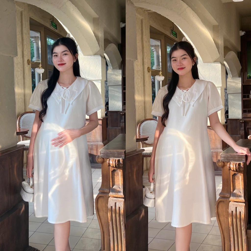 Đầm bầu xước pháp dập bông cổ đính cườm đính nơ sang trọng, thanh lịch váy cho mẹ Váy Bầu Sandal - Xanh bơ