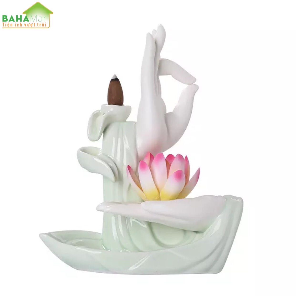 LƯ HƯƠNG TRẦM THÁC KHÓI CHẢY NGƯỢC BÀN TAY PHẬT GIÁO TRÁNG MEN NGỌC "BAHAMAR" được sản xuất với chất liệu gốm sứ tráng men ngọc, cổ điển và tinh tế.