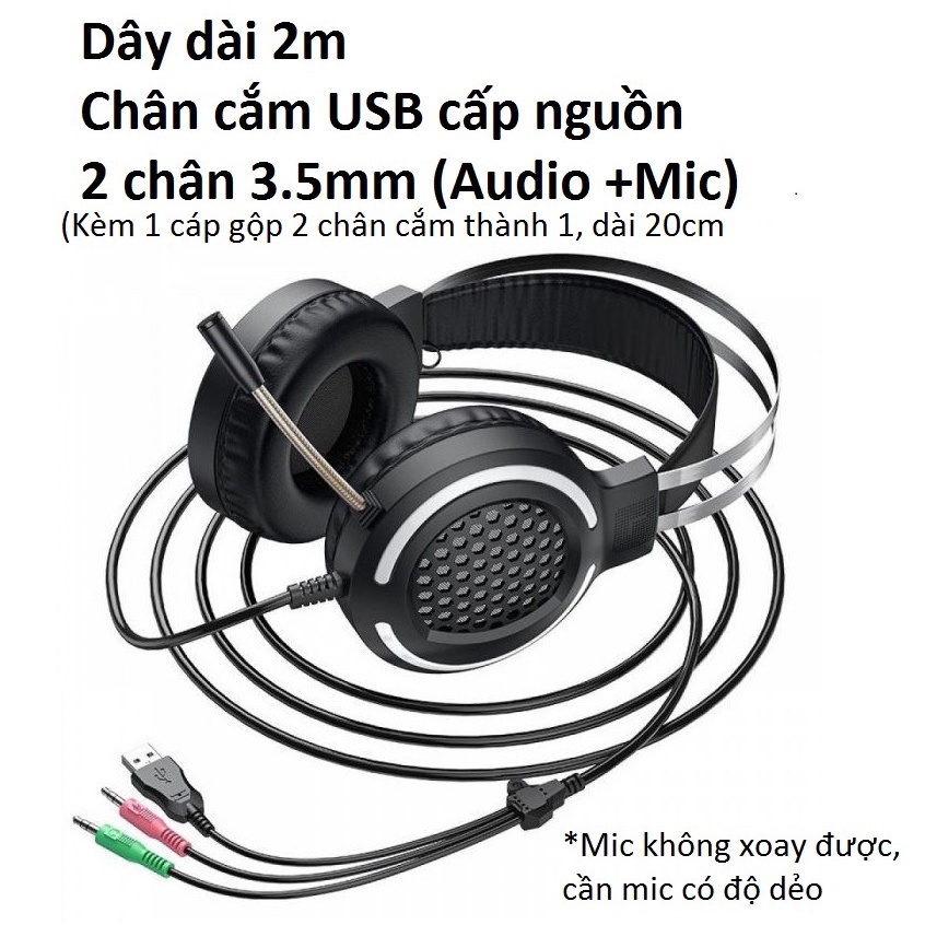 Tai nghe chụp tai Gaming có đèn LED 2 chân cắm 3.5mm  cho máy tính hoco ESD03 - Hàng chính hãng