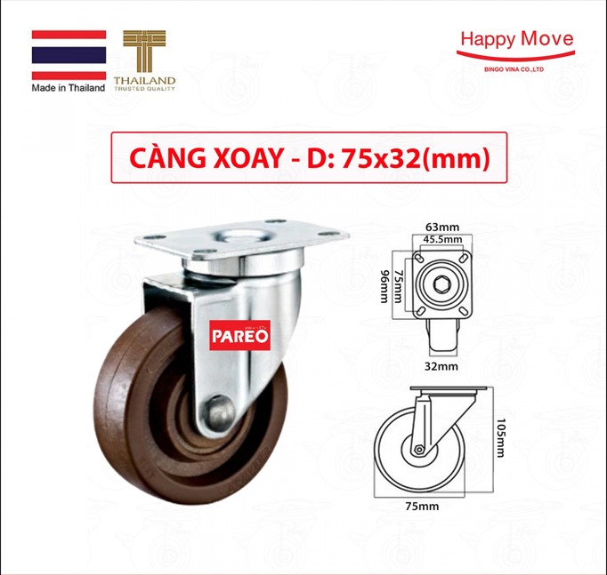 Bánh xe nhựa chịu nhiệt dành cho thiết bị Nung/ nướng/ hấp/ sấy - càng xoay - Thương hiệu Happy Move Thái Lan