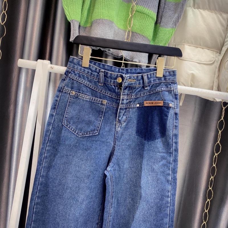 Quần jeans nữ xuông xanh 2 túi trước phối siêu cá tính