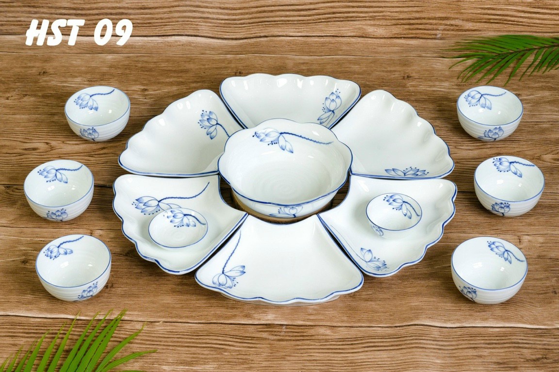 BỘ MẶT TRỜI MEN KEM 15 MÓN VẼ TAY HOA ĐÀO , BỒ CÔNG ANH VÀ HOA SEN.