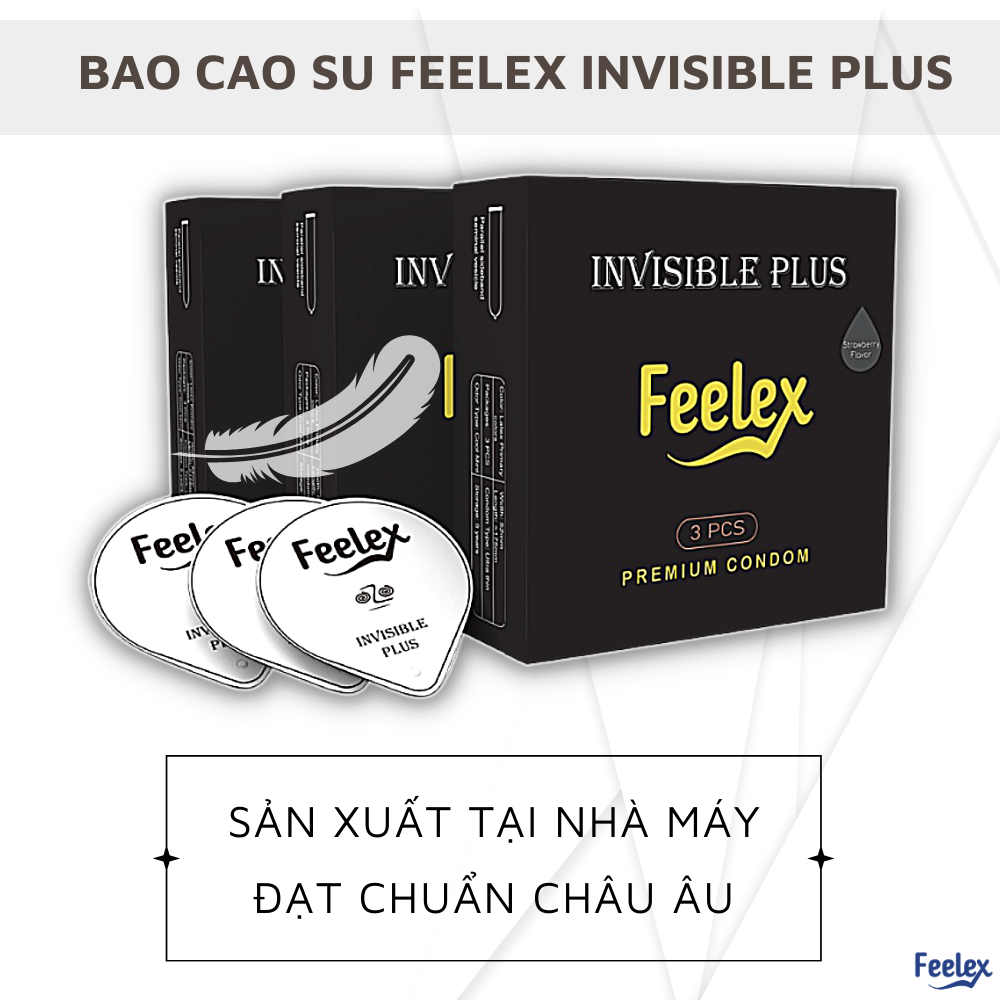 Bao cao su Feelex Invisible Plus siêu mỏng, nhiều gel bôi trơn - Hộp 03 bcs