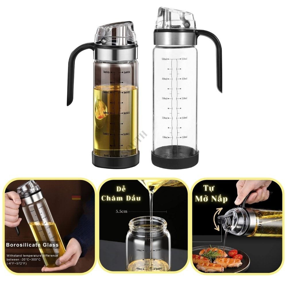 Bình thủy tinh đựng dầu ăn, nước mắm tự mở nắp khi rót 550ml