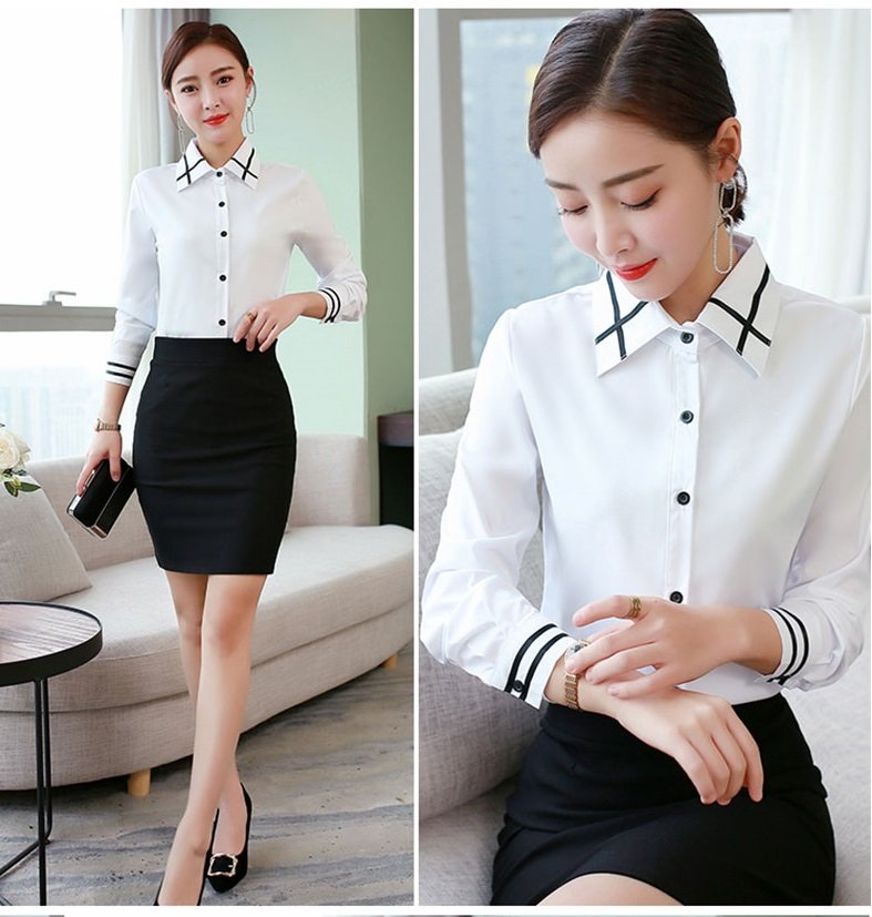 Áo sơ mi nữ trắng, áo sơ mi nữ công sở kiểu dáng basic, phối hạo tiết đen ở cổ và tay làm điểm nhấn HB147
