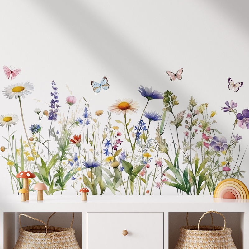 Sticker Giấy Dán Tường Decal Dán tường Tranh Dán Tường Trang Trí Tường Mẫu Cánh Đồng Hoa Bướm ZDB-2720