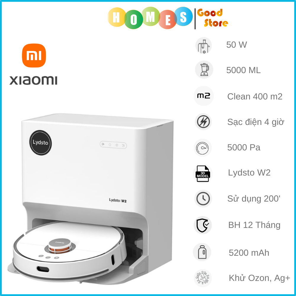 Robot Hút Bụi Lau Nhà Thông Minh Xiaomi Lydsto W2/ Lydsto W2 Lite Tự Động Đổ Rác Giặt Sấy Công Nghệ Sấy Khô Giẻ Nhiệt Độ Cao 60 Độ C Diệt Khuẩn Ozone Và Ion Bạc 99.9% Diện Tích Hoạt Động 200 m2 Công Suất 50 W - Hàng Chính Hãng