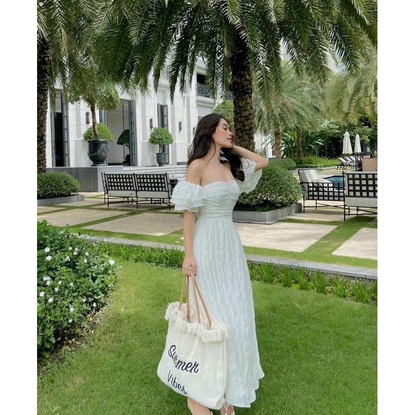 Váy đầm nữ maxi dáng xòe cúp ngực trễ vai thích hợp mặc đi tiệc đi chơi