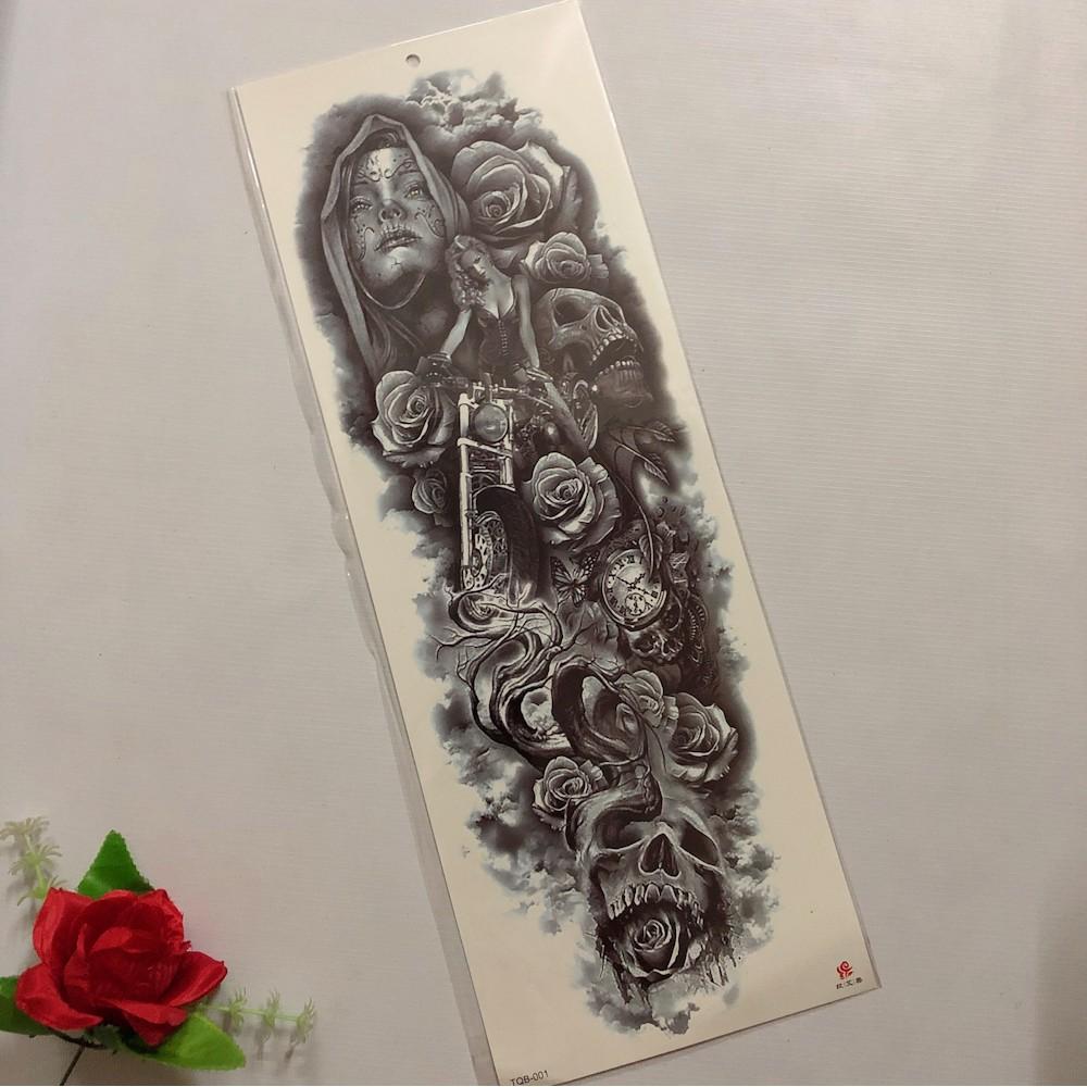 Hình xăm dán cao cấp kín tay cô gái trắng đen 17x48cm