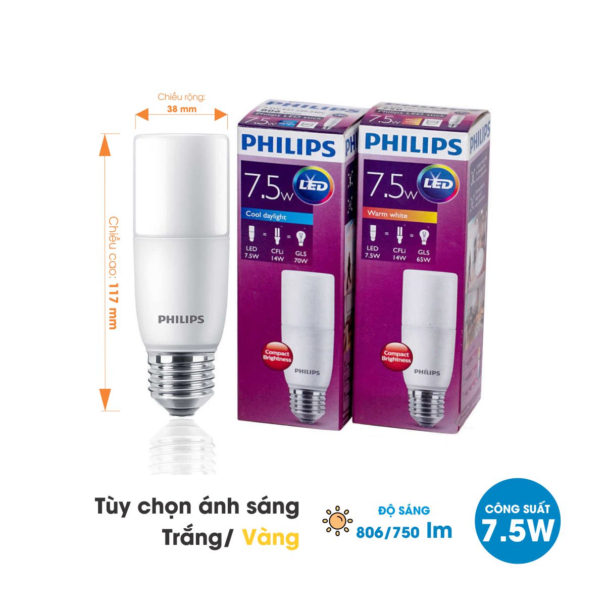 Bóng đèn LED Stick PHILIPS E27 - Kích thước nhỏ gọn, Thay thế hoàn hảo cho bóng đèn Compact - Hàng Chính Hãng