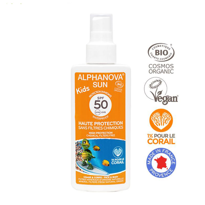 Kem chống nắng hữu cơ trẻ em dạng xịt SPF50 Alphanova Sun Kids 125g - Nhập khẩu chính hãng từ Pháp