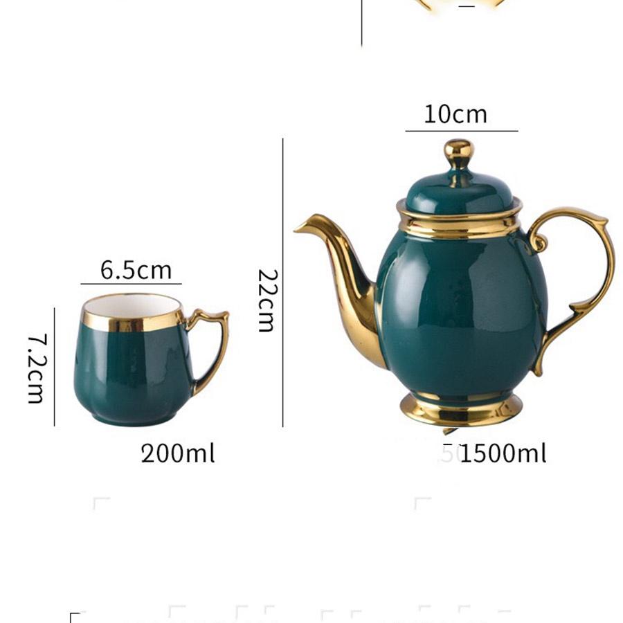 Bộ ấm trà gốm sứ xanh cổ vịt viền vàng cao cấp