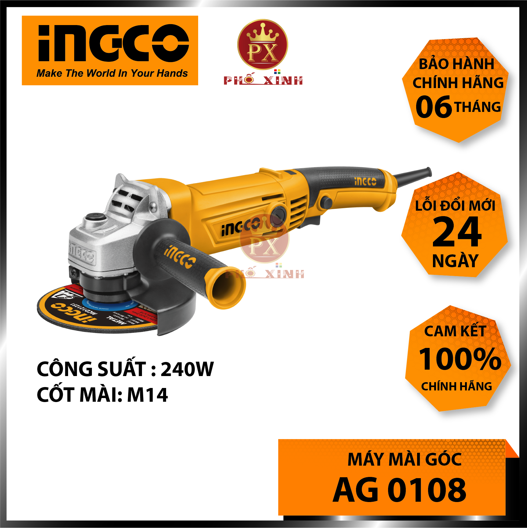 Máy mài cầm tay INGCO AG10108 công suất 1100W. Máy mài góc, máy cắt cầm tay đa năng đĩa cắt 125mm kèm tay cầm