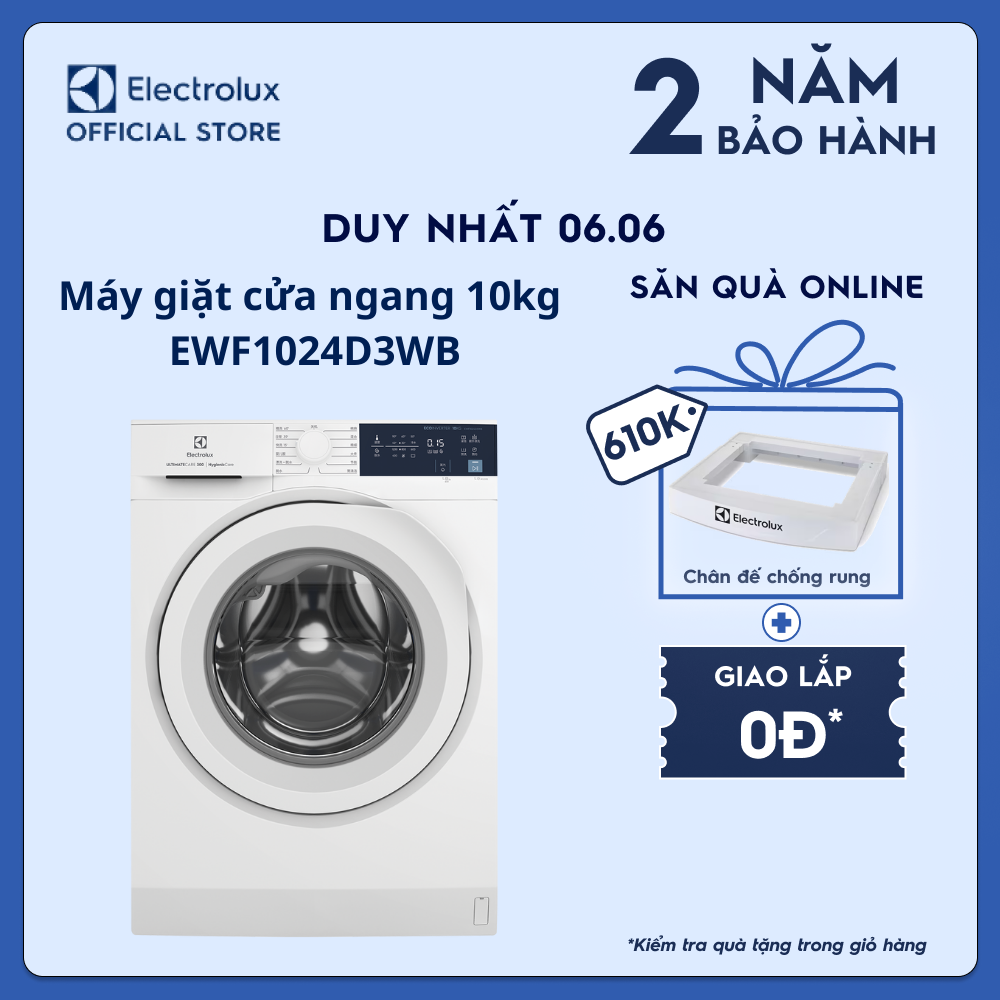 [Free Giao lắp] Máy giặt cửa ngang Electrolux 10kg UltimateCare 300 EWF1024D3WB diệt 99.9% vi khuẩn, giảm dị ứng, Tiết kiệm điện [Hàng chính hãng]