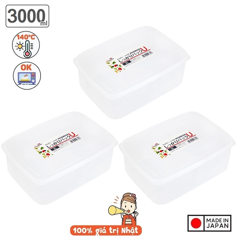Bộ 03 chiếc hộp thực phẩm chữ nhật Nakaya 3000ml hàng nội địa Nhật Bản