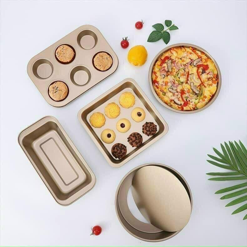 Sét 5 khay nướng chống dính chất liệu cao cấp,set dụng cụ làm bánh, khuôn làm bánh muffin bánh mỳ bánh pizza bánh cup