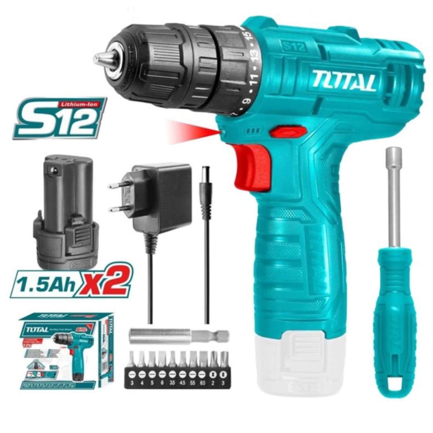 Bộ máy khoan, vặn vít dùng pin 12V có kèm bộ tua vít 13 chi tiết TOTAL TOSLI22111 - Kèm 2 viên pin 1.5Ah, có đèn led tích hợp, pin bền, công suất lớn