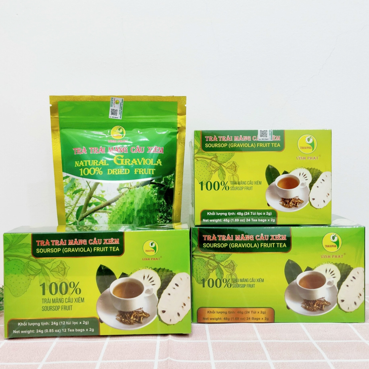Trà Túi Lọc | Trà Mãng Cầu Xiêm Vĩnh Phát; 100% Thiên Nhiên, 100% Từ Thịt Trái Mãng Cầu Xiêm Được Trồng Hữu Cơ Tốt Cho Sức Khỏe; Có Chứng Nhận ATVSTP, HACCP, FDA...