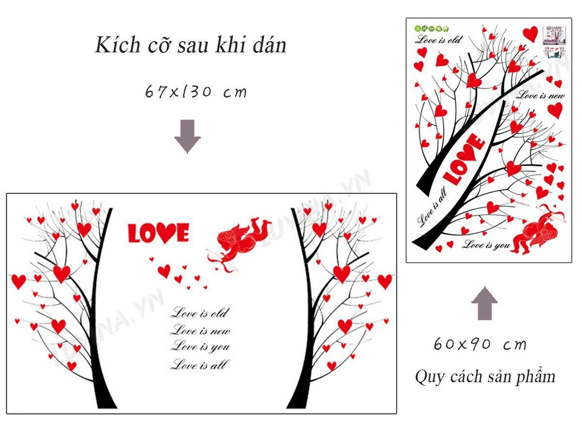 DECAL DÁN TƯỜNG CÂY TRÁI TIM VÀ HOA HỒNG ĐỎ