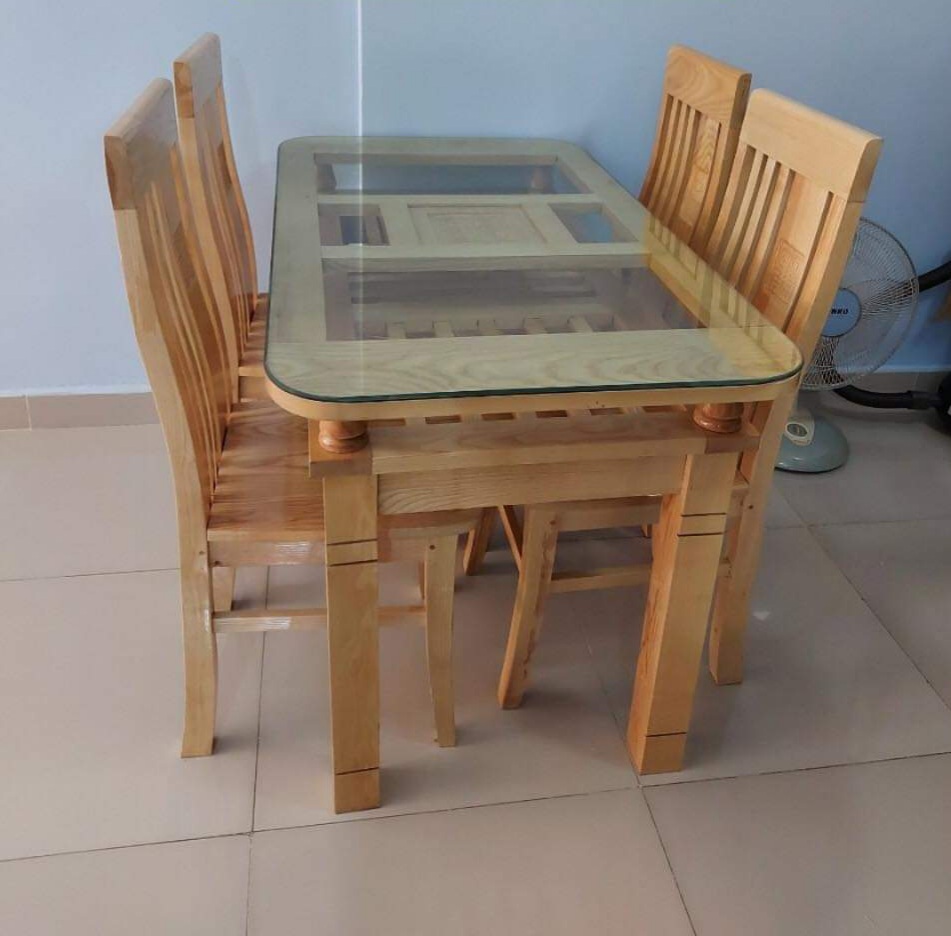 Bộ bàn ăn 2 tầng 4 ghế gỗ sồi 1m6 (FREESHIP HCM 30-50 KM )