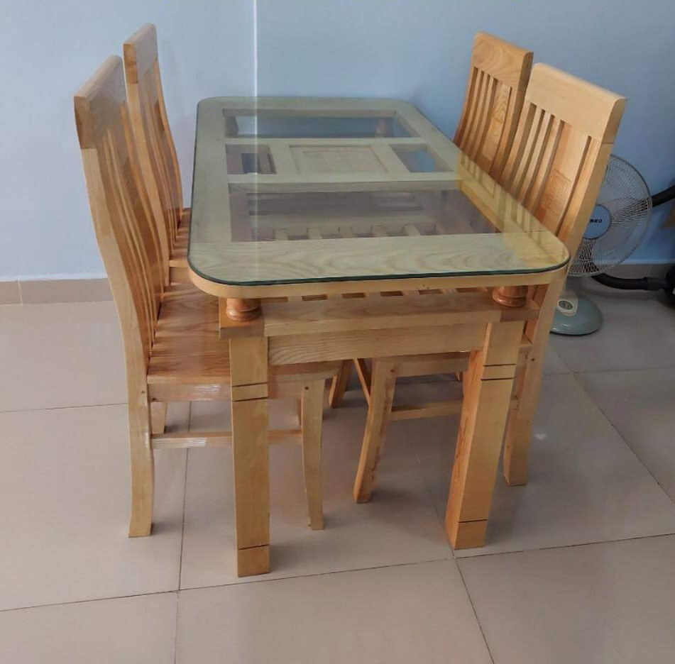 Bộ bàn ăn 2 tầng 4 ghế gỗ sồi 1m6