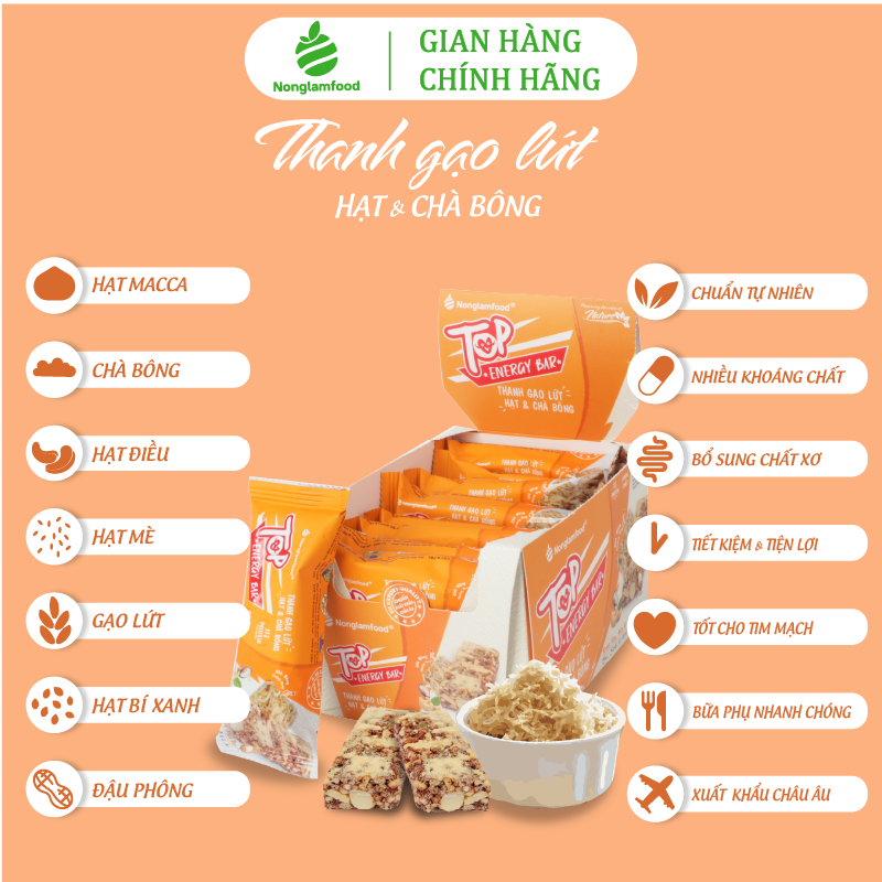 Thanh gạo lứt năng lượng ngũ cốc Hạt và Chà Bông Nonglamfood hộp 8 thanh 136g