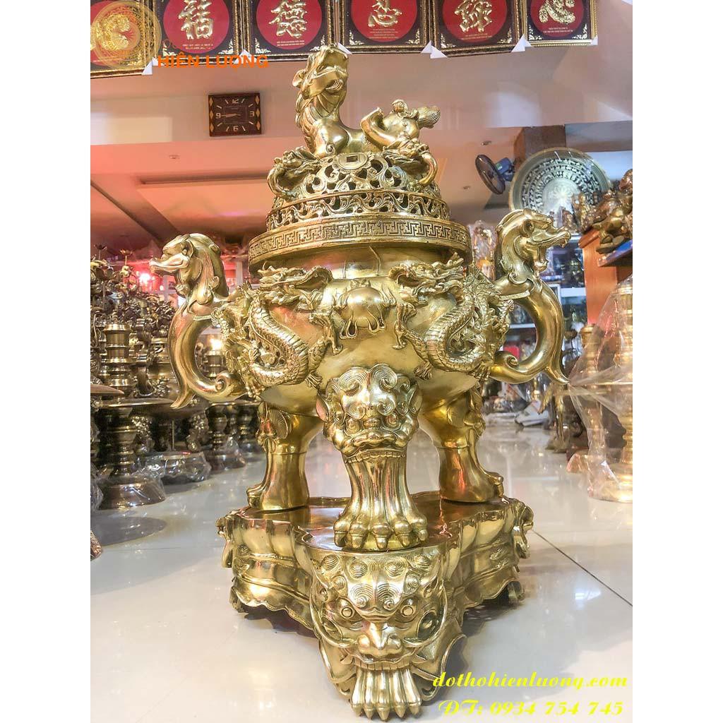 Bộ Đỉnh Song Long Chầu Nguyệt Màu Vàng Cao 60cm