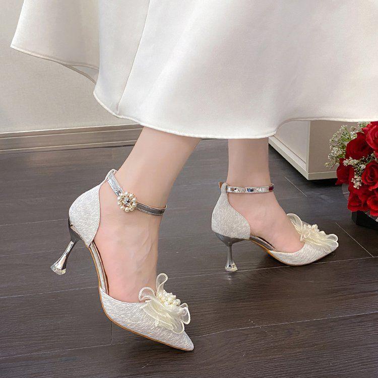 Giày Cao Gót Đính Nơ Phối Ren Xinh Xắn Dành Cho Cô Dâu