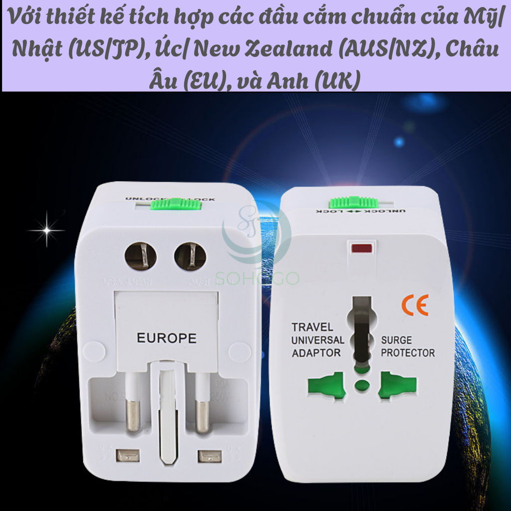Bộ Chuyển Đổi Ổ Cắm Đa Năng Du Lịch 4 Trong 1 -Adapter Du Lịch Quốc Tế Có USB & Type-C -Ổ Cắm Điện Đa Chuẩn Quốc Tế Có Bảo Vệ Dòng Điện- Hàng nhập khẩu