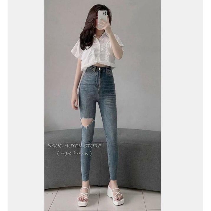 Quần jeans cạp cao rách gối pha dáng ôm