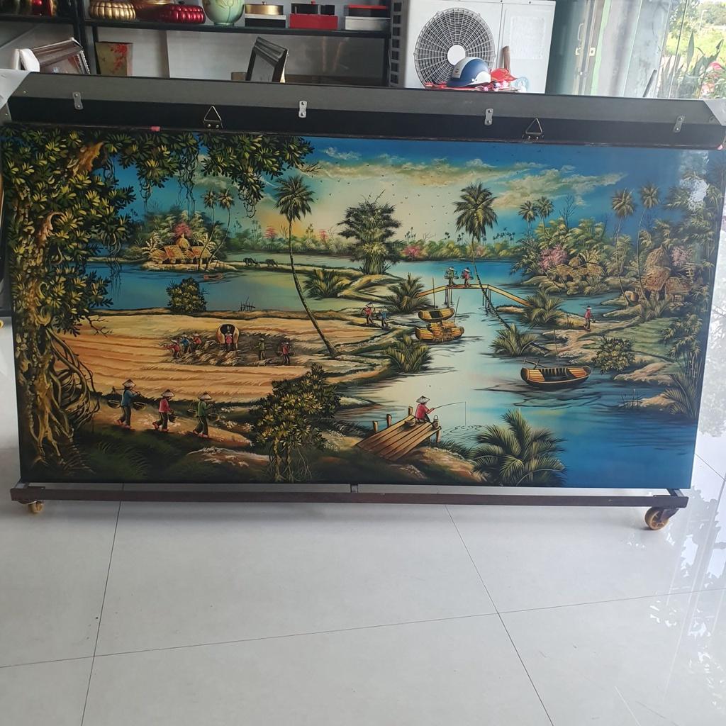 Tranh sơn mài cảnh làng quê Việt Nam, cảnh đồng quê mùa vụ gặt lúa về 80x160 cm