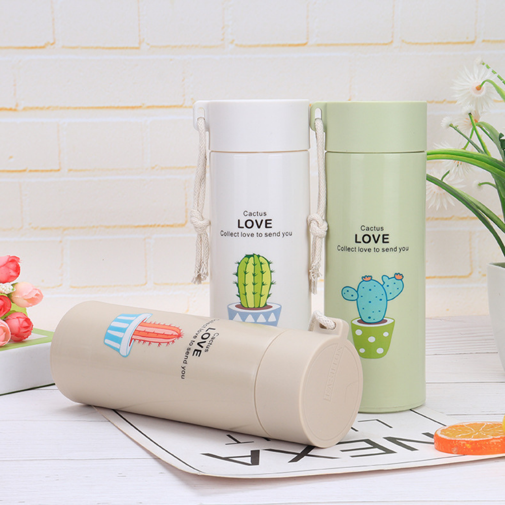 Binh đựng nước giữ nhiệt thủy tinh họa tiết xương rồng nhiều màu sắc siêu cute 500ML