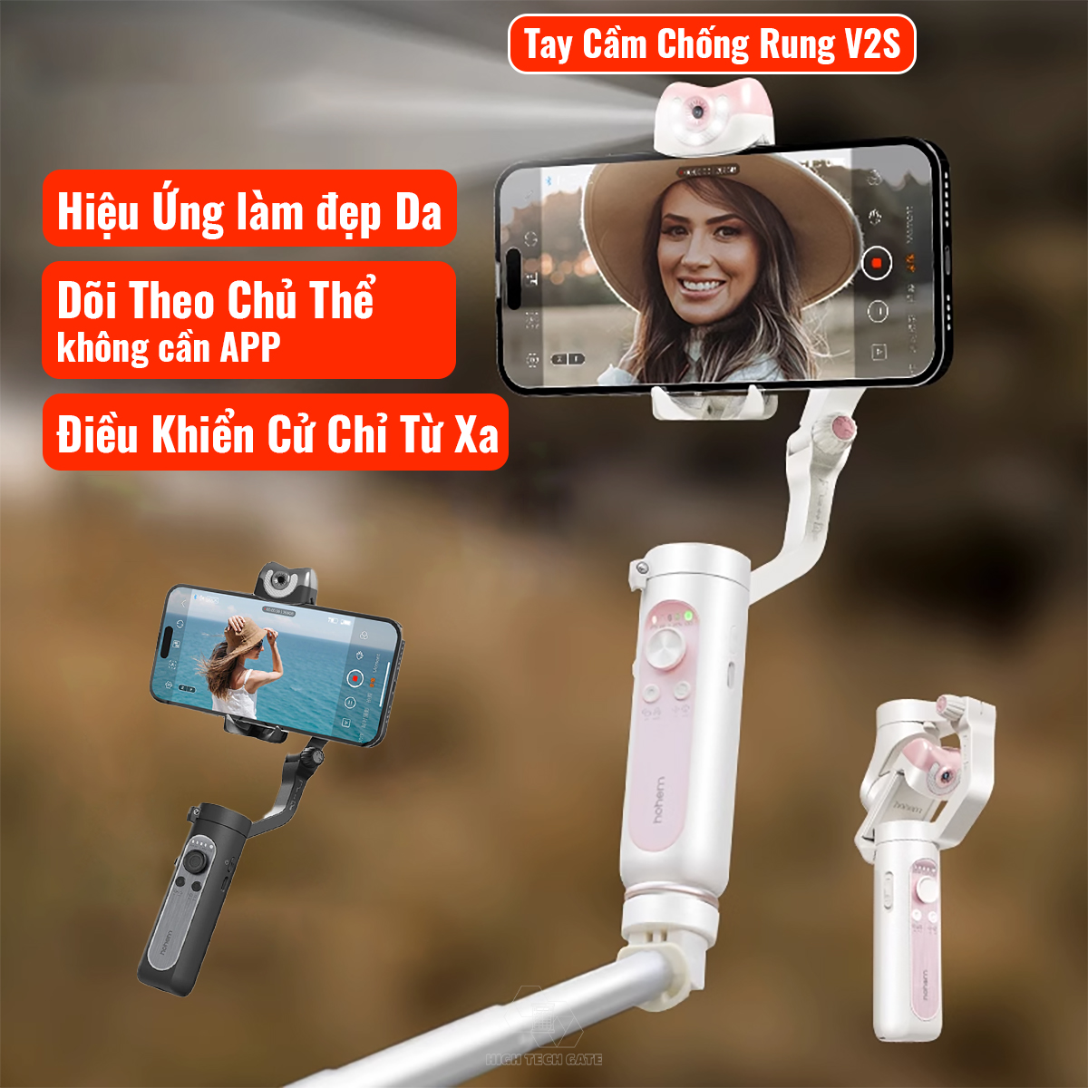 Tay cầm chống rung điện thoại V2S tích hợp camera AI độc lập, gimbal 3 trục quay video, livestream, điều khiển cử chỉ thông minh, hàng chính hãng