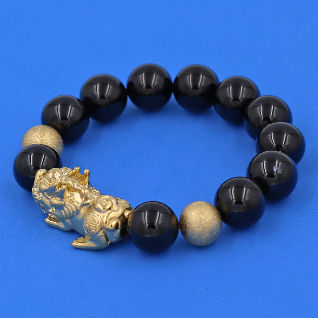 Hình ảnh Vòng chuỗi đeo tay đá thạch anh đen 14 ly ( size lớn ) charm tỳ hưu và bi inox vàng, vòng tay chuỗi hạt
